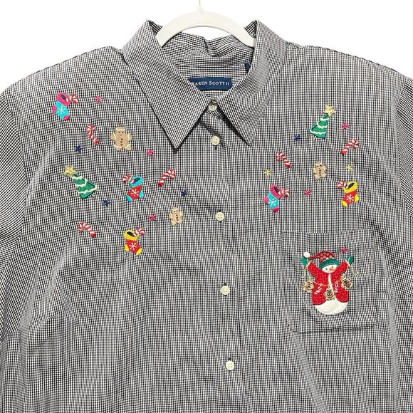 Karen Scott Plus 3X Gingham Christmas Shirt Button Up Embroidered Holiday Top - Picture 2 of 7